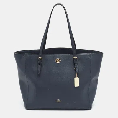 Pre-owned Coach Turnlock Navy Blue Leather Shopper Tote