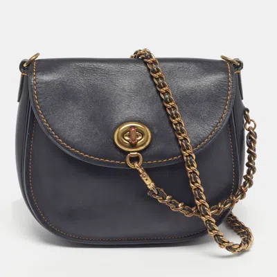 Pre-owned Coach Turnlock Saddle Black Leather Crossbody Bag