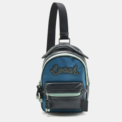 Pre-owned Coach Two Tone Blue Leather And Nylon Vale Sling Backpack