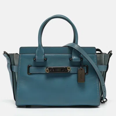 Pre-owned Coach Two Tone Blue Leather And Suede Swagger 27 Carryall Satchel
