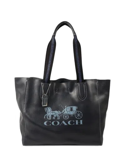 Pre-owned Coach Vintage Derby Horse And Carriage Leather Tote Bag In Blue