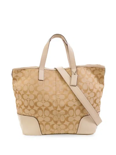 Pre-owned Coach Vintage Monogram-print Leather-trim Tote Bag In Neutrals