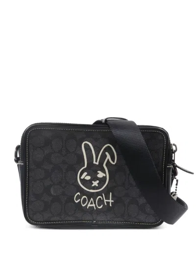Pre-owned Coach Vintage Rabbit-print Leather Shoulder Bag In Black