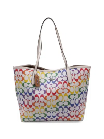 Pre-owned Coach Vintage Rainbow City Signature Tote Bag In White