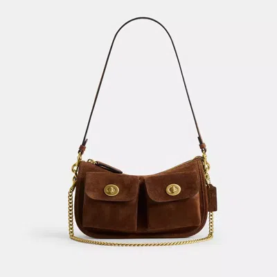 Coach Womens Warm Brown Twin Turnlock Waverly Suede Shoulder Bag