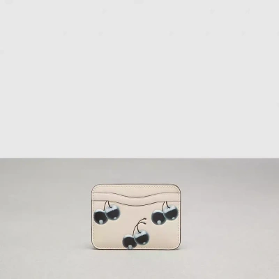 Coach Wavy Card Case In Topia Leather With Cherry Print In Black/cloud Multi