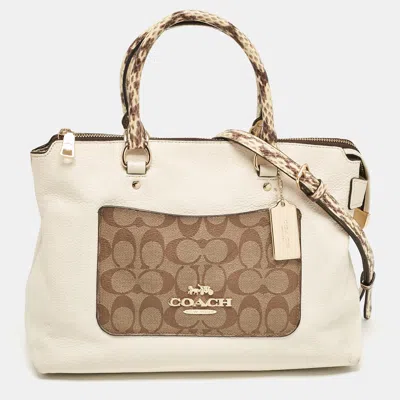Pre-owned Coach White Leather And Python Embossed Emma Satchel