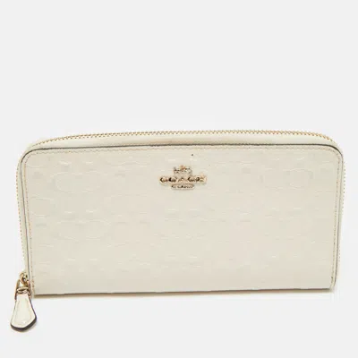 Coach White Signature Embossed Leather Long Zip Around Wallet