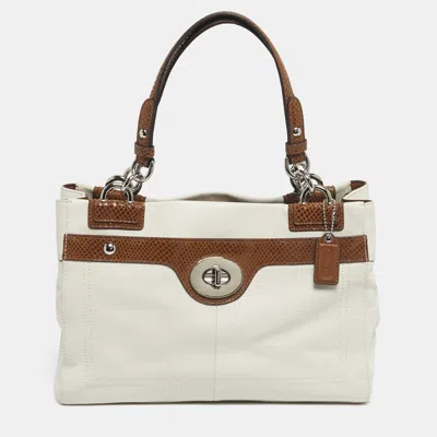 Pre-owned Coach White/brown Leather And Snake Effect Suede Penelope Tote