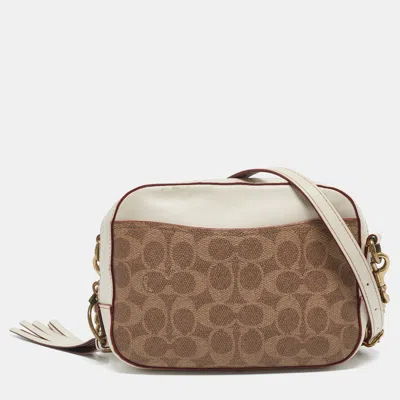 Pre-owned Coach White/brown Signature Coated Canvas Camera Crossbody Bag