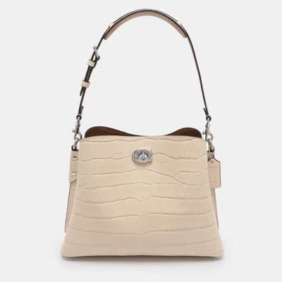 Pre-owned Coach Willow Beige Croc Embossed Leather Bucket Bag In Sand