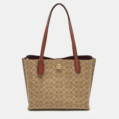 Pre-owned Coach Willow Beige/brown Signature Coated Canvas And Leather Tote In Sand