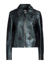 Coach Woman Jacket Navy Size 10 Goat Skin, Cowhide In Navy Blue
