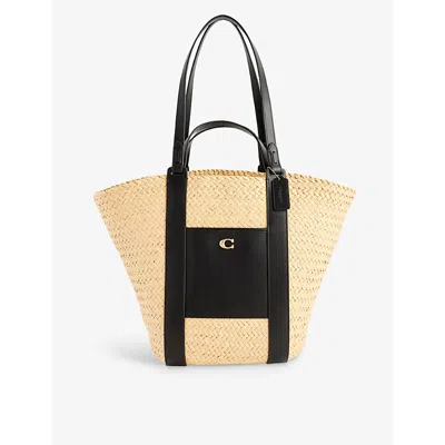 Coach Logo-embellished Straw And Leather Tote Bag In B4/natural