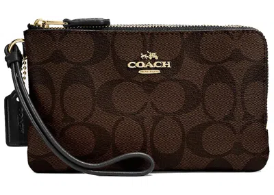 Pre-owned Coach Women's  Double Corner Zip Wristlet Large Signature Canvas In Brown/black