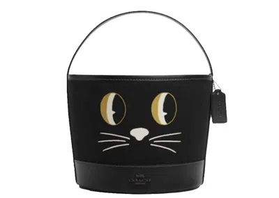 Pre-owned Coach Women's  Halloween Trick Or Treat Bucket Tote Bag Cat Face In Black