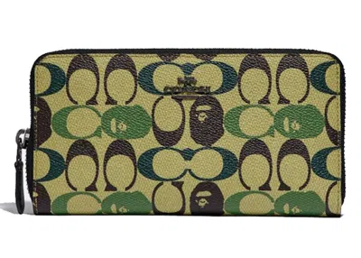 Pre-owned Coach Women's  X Bape Accordion Zip Wallet Signature Canvas With Ape Head In Black Copper/camo