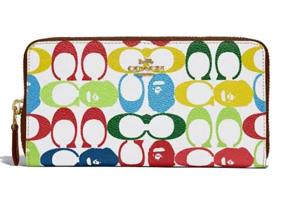 Pre-owned Coach Women's  X Bape Accordion Zip Wallet Signature Canvas With Ape Headin Brass