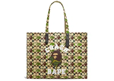 Pre-owned Coach Women's  X Bape Tote 47 Signature Canvas With Ape Head In Black Copper/camo