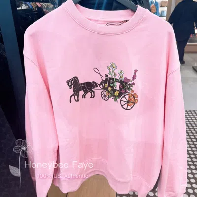 Pre-owned Coach Women's Garden Floral Horse And Carriage Crewneck Cq776 In Pink