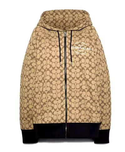 Pre-owned Coach Women's Khaki/black Signature Full Zip Hoodie (c8773) Size L -