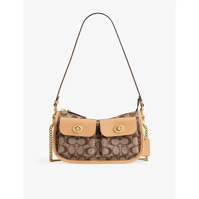 Coach Womens Khaki Light Peach Signature Twin Turnlock Waverly Canvas Shoulder Bag In Brown
