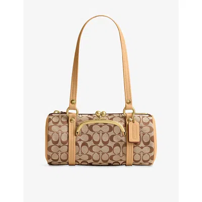 Coach Womens Khaki Light Peach Kisslock Barrel Canvas Shoulder Bag In Brown
