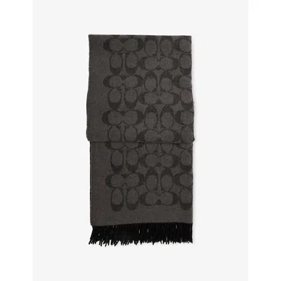 Coach Womens Monogram Logo-intarsia Wool Scarf Black/steel Grey