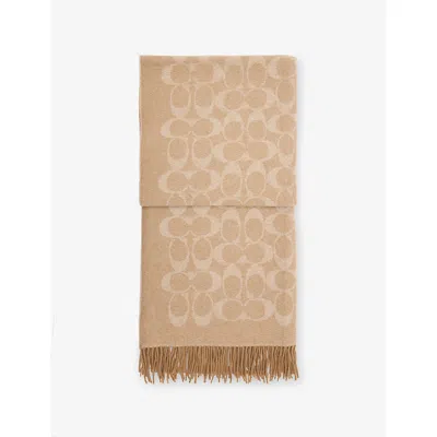 Coach Womens Monogram Logo-intarsia Wool Scarf Chalk/soft Beige