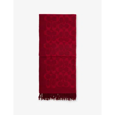 Coach Womens Monogram Logo-intarsia Wool Scarf Poppy / Burgundy