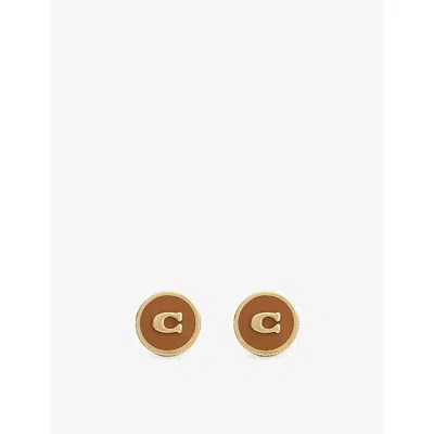 Coach Womens Signature C Coin Enamel And Gold-plated Brass Stud Earrings Brown/gold