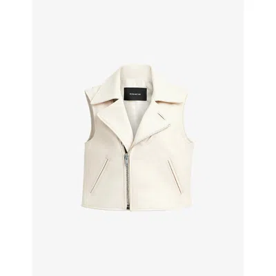 Coach Womens White. Leather Moto Biker Leather Vest In Neutral