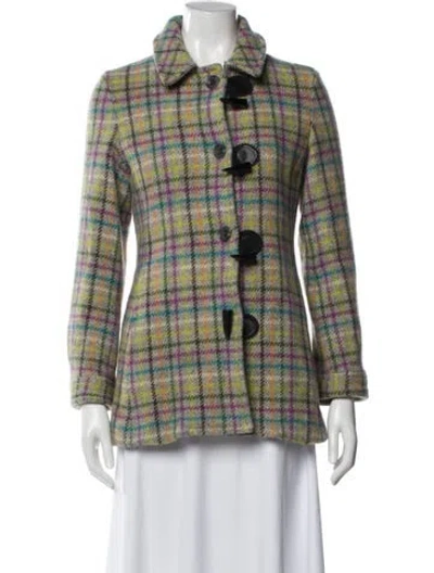 Pre-owned Coach Wool Plaid Print Coat In Gray