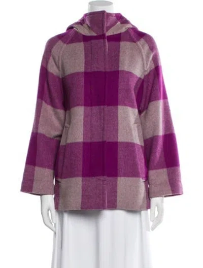 Pre-owned Coach Wool Plaid Print Faux Fur Jacket In Purple