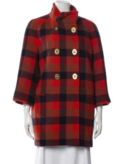 Pre-owned Coach Wool Plaid Print Peacoat In Red