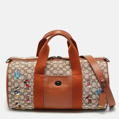 Pre-owned Coach X Disney Brown/beige Jacquard Canvas Mickey And Friends Embroidered Duffel Bag