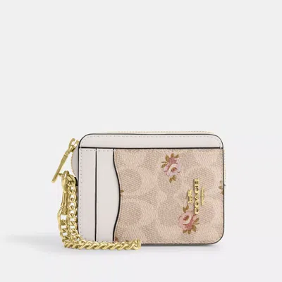 Coach Zip Card Case In Signature Canvas With Floral Print In Beige