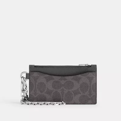 Coach Zip Card Case With Chain In Signature Canvas In Gray