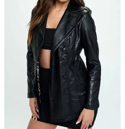 COALITION LA DOUBLE BREASTED LEATHER TRENCH IN BLACK