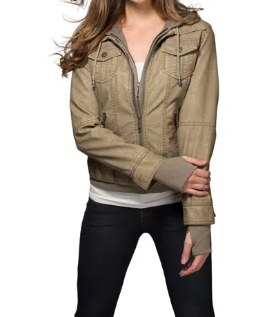 Coalition La Girl Next Door Vegan Leather Hooded Jacket In Gray In Brown