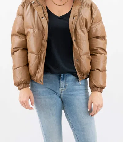 Coalition La Vegan Leather Puffer Bomber Jacket In Camel In Brown