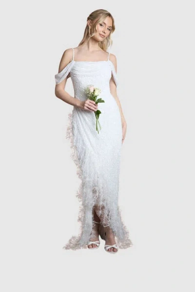 Coast Bardot Neck Feather Trim Maxi Dress In White