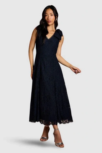 Coast Bow Shoulder V Neck Lace Midi Dress In Blue