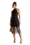 Coast Broderie Embellished Fringe Halter Dress In Black