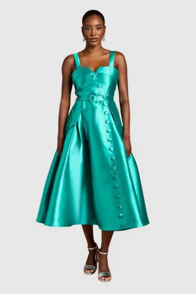 Coast Button-trim Belted Full Skirt Midi Dress In Green