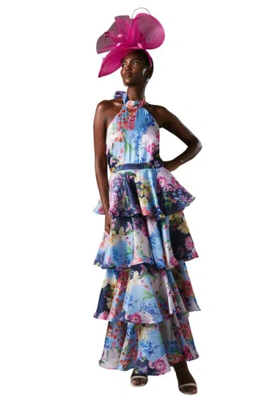 Coast Cross Neck Printed Frill Skirt Dress In Multi