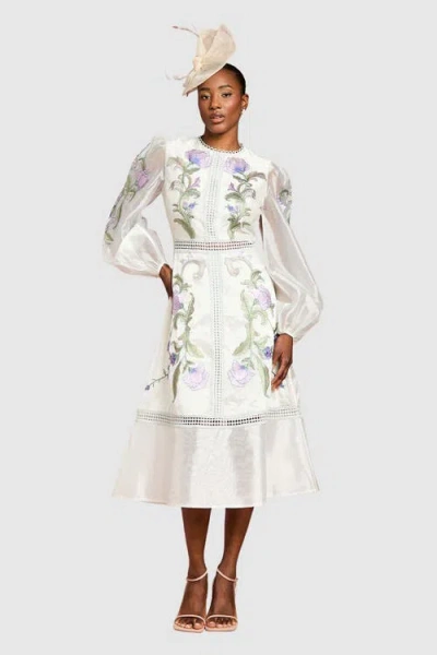 Coast Embroidered Blouson Sleeve Midi Dress In White