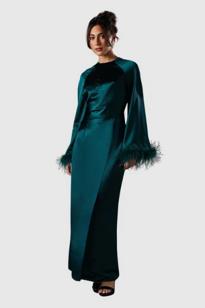 Coast Feather Trim Satin Maxi Dress In Green
