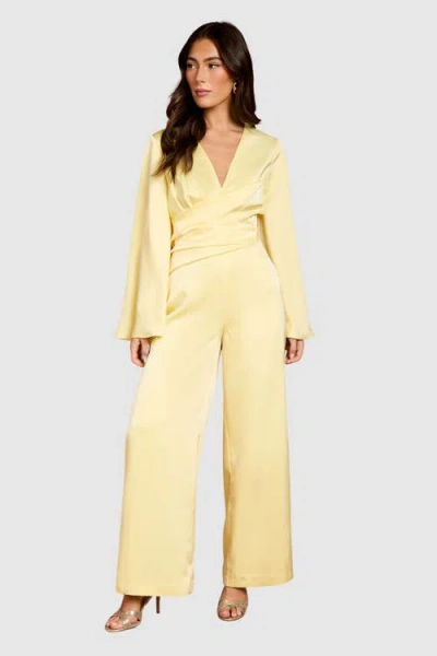 Coast Flare Sleeve Satin Wide Leg Jumpsuit In Yellow