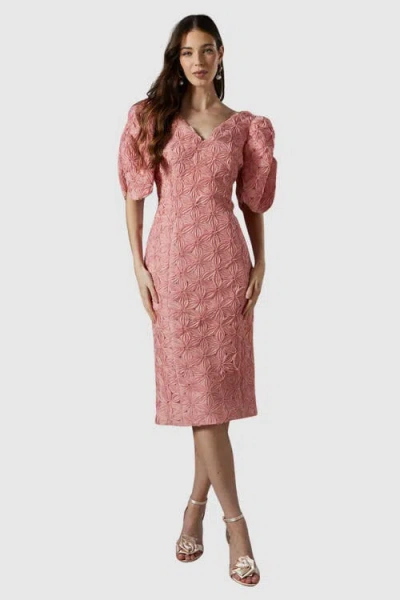 Coast Floral Pleated Puff Sleeve Pencil Dress In Pink